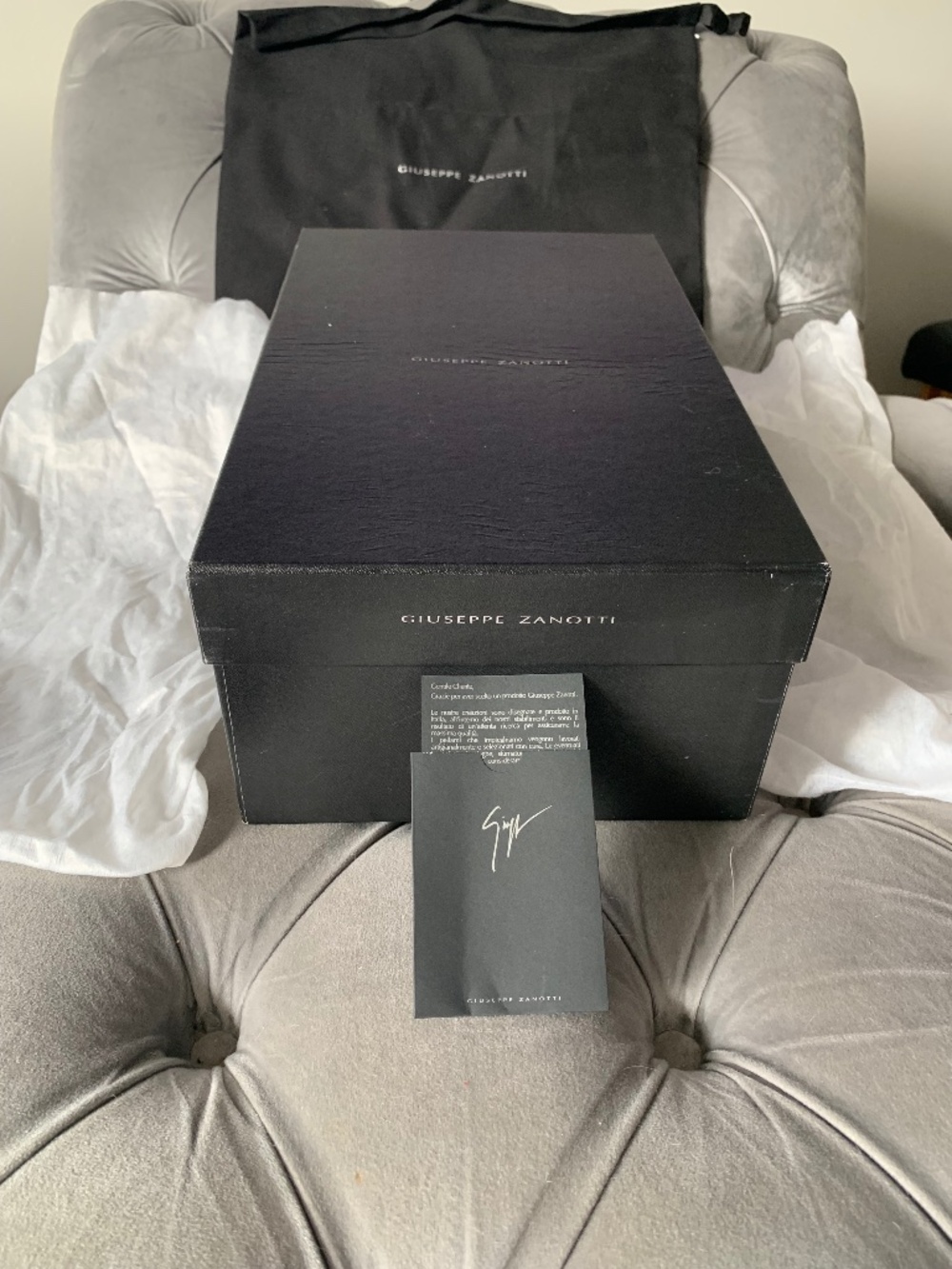 AUTHENTIC Giuseppe Zanotti Empty shoe box with dust bags & care card in envelope